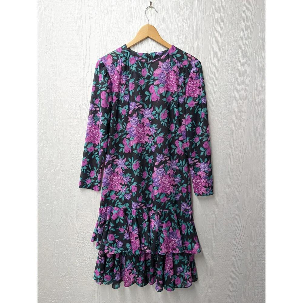 Vintage 80s Anthony Richards Purple Floral Ruffle Long Sleeve Dress Size 12